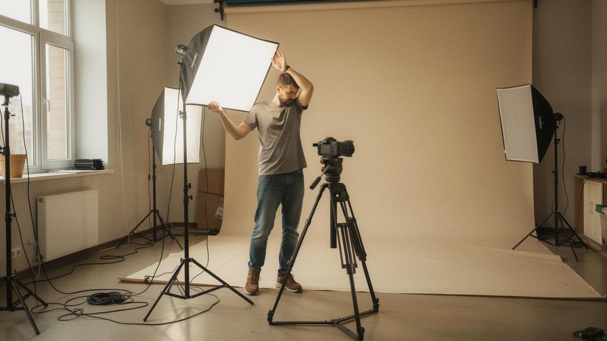 Professional photographer preparing a portrait session on set